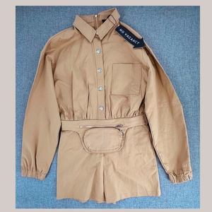 No Vacancy Tan Romper Shorts Fanny Pack Attached Collared Long Sleeve Medium